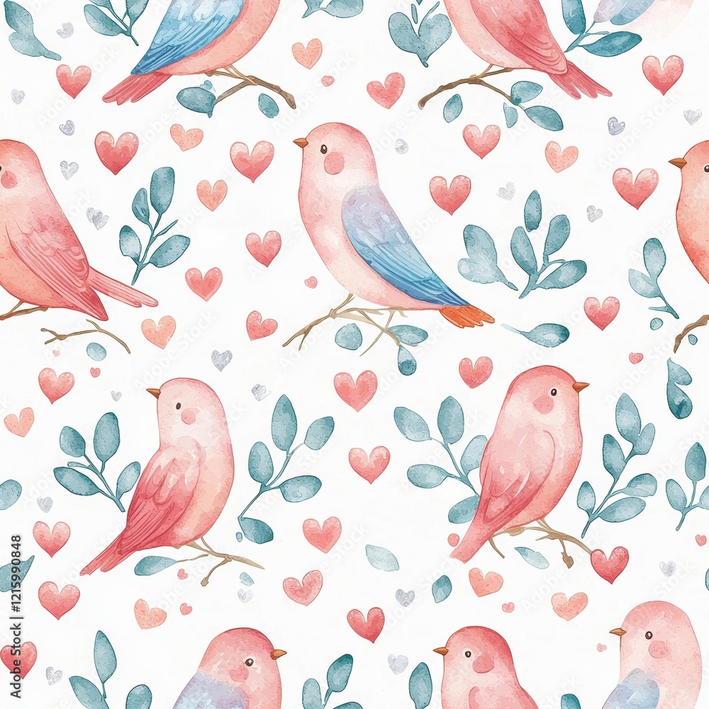 Colorful birds with hearts in a whimsical pattern design. Colorful birds with hearts in a whimsical pattern design.