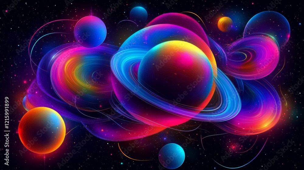 Vibrant, Neon-Colored Planets and Nebulae in a Cosmic Dance Vibrant, Neon-Colored Planets and Nebulae in a Cosmic Dance