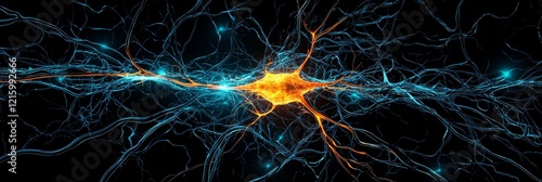 AI development machine learning training concept. Vibrant neural network with glowing connections and a bright central node.