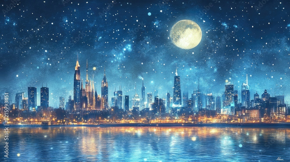 Fototapeta premium Enchanted Metropolis: A Nighttime Cityscape Under a Magical Moon and Starry Sky