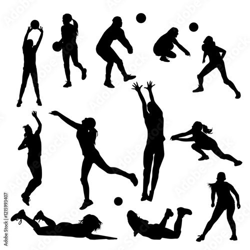 Vector Set of Volleyball Players Silhouettes Illustration, Female volleyball player, Isolated On White Background
