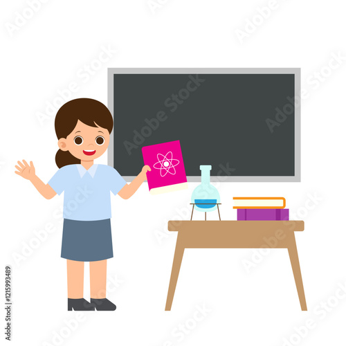 Science Class Teacher Holding Science Book in Classroom