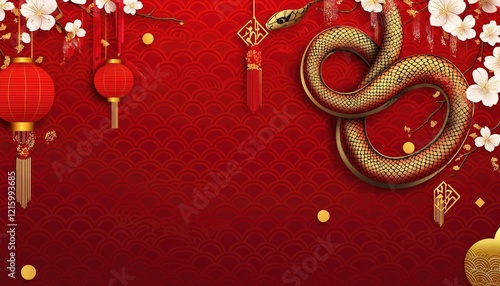Wallpaper Mural Lunar New Year Snake Decoration with Red Lanterns on Red Background Torontodigital.ca