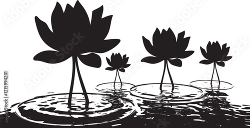 Lotus flowers in Water black Silhouette for Editing