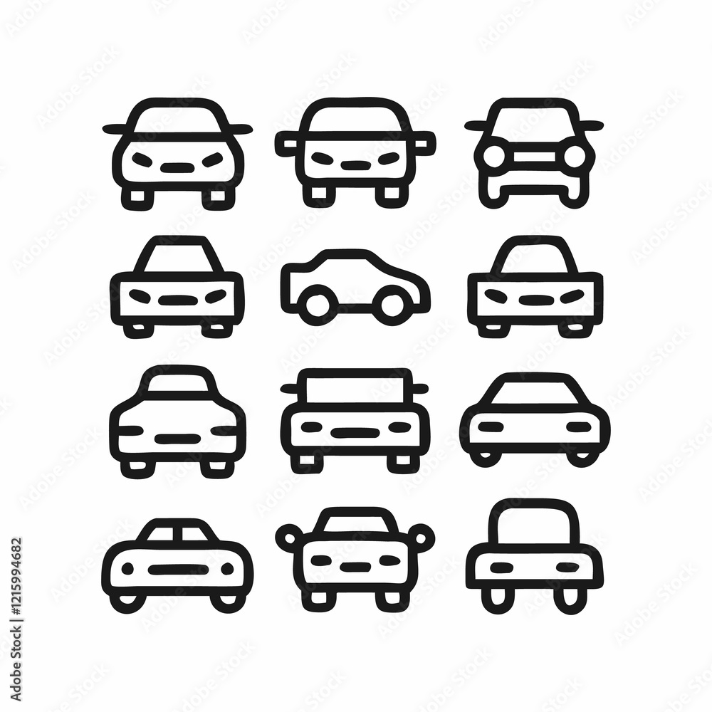 Simple, black and white line art icons depicting different types of cars, showcasing front and rear views. Simple, black and white line art icons depicting different types of cars, showcasing front and rear views.