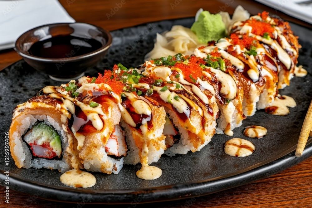 Delicious Sushi Platter with Varied Ingredients, Freshly Prepared and Garnished, Perfect for Japanese Cuisine Lovers, Beautifully Presented on Black Platter Delicious Sushi Platter with Varied Ingredients, Freshly Prepared and Garnished, Perfect for Japanese Cuisine Lovers, Beautifully Presented on Black Platter