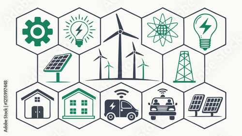 Flat Icons Silhouettes of Renewable Energy - Solar, Wind, Smart Homes, and Innovation