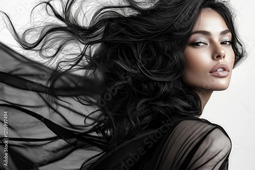 portrait of a woman with black hair flying to the side