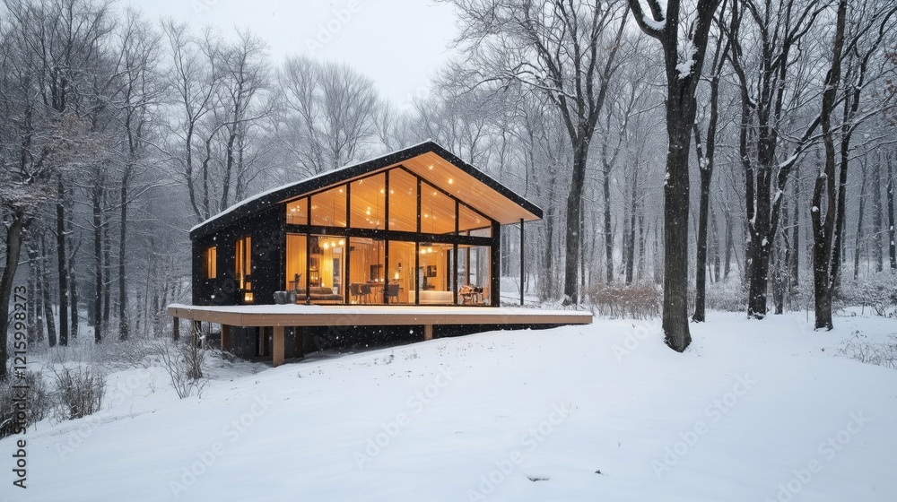 A house with a large glass window and a slanted roof. The house is surrounded by trees and snow A house with a large glass window and a slanted roof. The house is surrounded by trees and snow