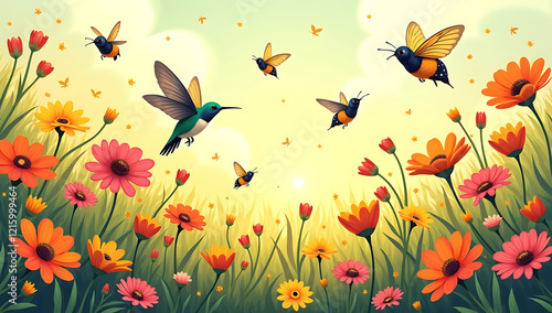 An illustration of bees, butterflies, and hummingbirds pollinating flowers, capturing their unique methods of transferring pollen, with explanatory labels.

 photo