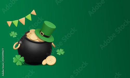 St. Patrick's Day banner with 3d elements and copy space. Pot with gold, top hat, clover leaves, money on green background. Vector illustration. Traditional Irish festival, event invitation template.