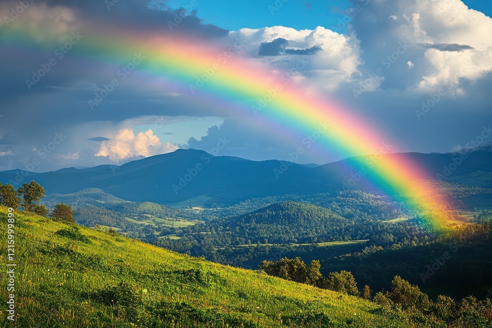 Obraz premium A rainbow over a serene countryside, where the vibrant colors arc across the sky, creating a magical and hopeful scene.