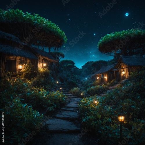 A hidden village surrounded by bioluminescent plants and glowing lanterns.