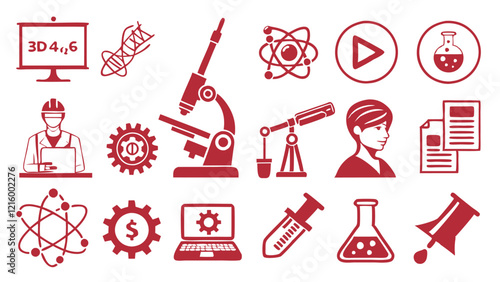 Flat Icons Silhouettes of STEM Fields: Technology, Coding, Robotics, Physics, and Tools