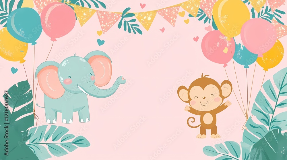 Cute elephant and monkey with balloons and party flags on pink background for kids birthday Cute elephant and monkey with balloons and party flags on pink background for kids birthday