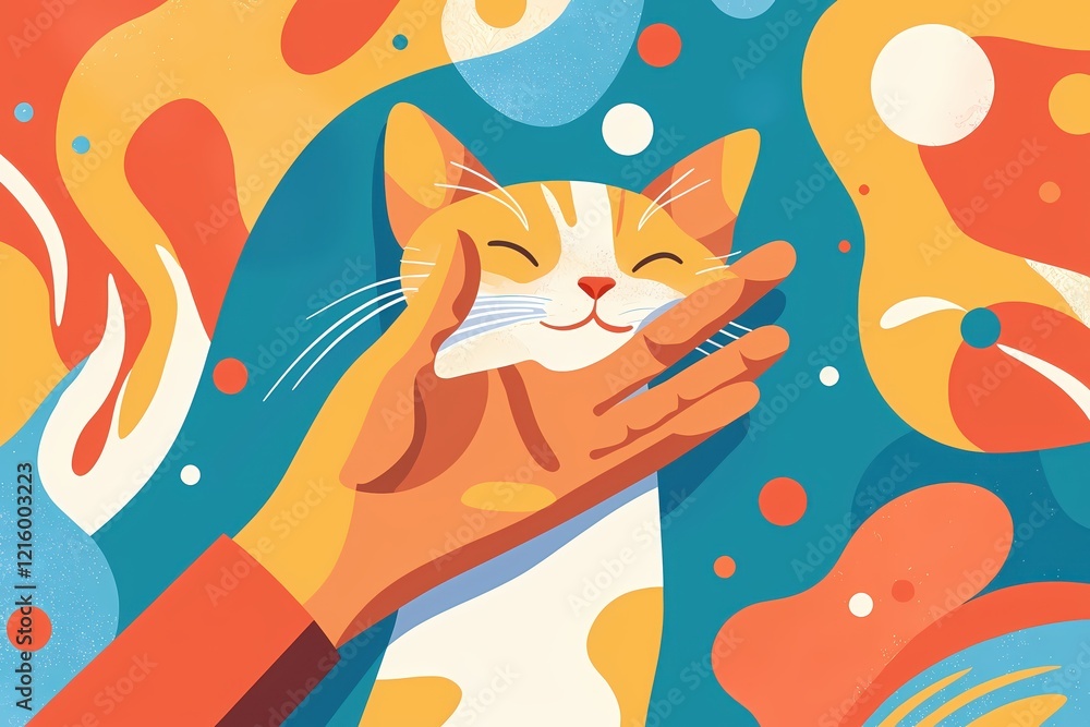 Fototapeta premium Hand gently caressing a cute orange and white cat with abstract colorful background design