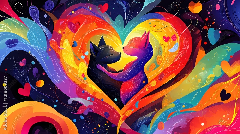 Abstract Illustration of Two Cats Embracing Within a Heart of Vibrant Colors and Shapes Abstract Illustration of Two Cats Embracing Within a Heart of Vibrant Colors and Shapes