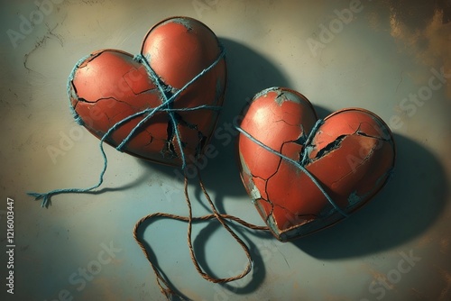 two hearts connected by a messy, knotted string, representing complicated and entangled emotions in relationships photo