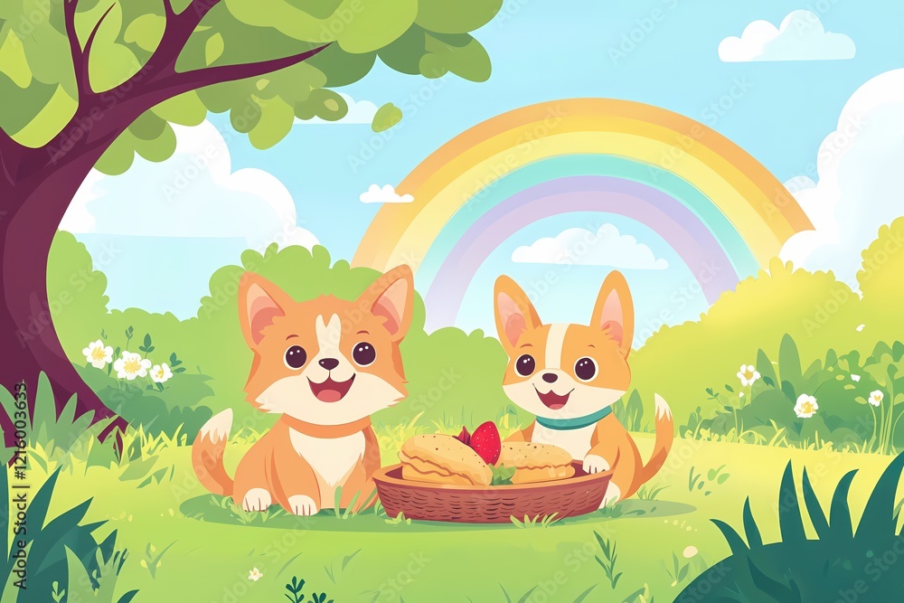 Two cute corgi dogs picnic in a green field with a rainbow and a blue sky behind them Two cute corgi dogs picnic in a green field with a rainbow and a blue sky behind them