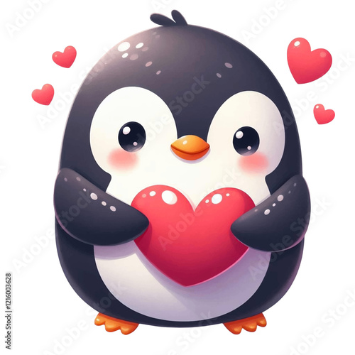 Vector Hand drawn illustration character cute cartoon penguin with pink heart for Valentine day Watercolor style, clipart isolated on white backgroud with clipping path.