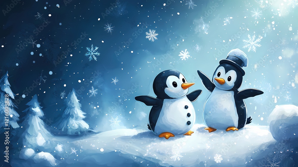 Whimsical Winter Wonderland Two Cute Penguins Enjoying Snowy Day in Artistic Illustration Whimsical Winter Wonderland Two Cute Penguins Enjoying Snowy Day in Artistic Illustration