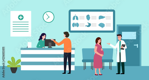 Patients and doctor in hospital lobby. Medic appointment in clinic. Medical center reception interior. Flat vector illustration
