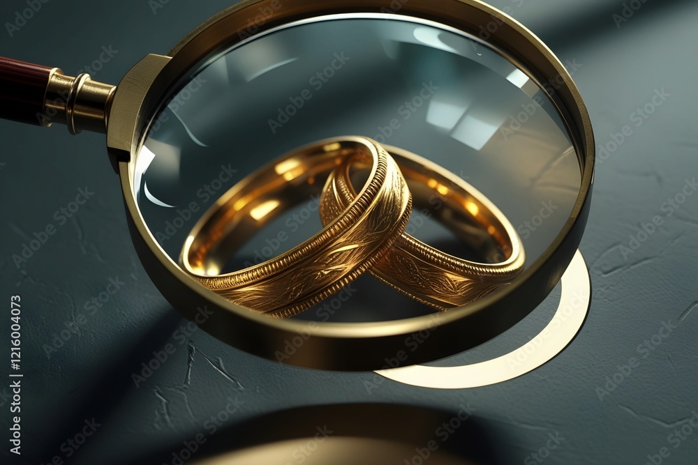 a magnifying glass focusing on a pair of intertwined rings, symbolizing the obsessive scrutiny of a partner’s faithfulness a magnifying glass focusing on a pair of intertwined rings, symbolizing the obsessive scrutiny of a partner’s faithfulness