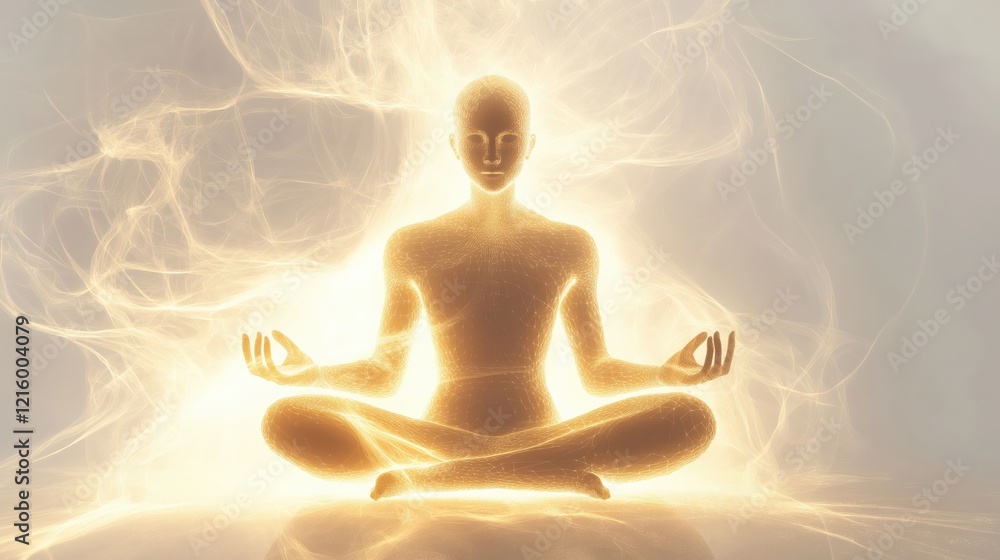 Glowing Meditating figure figure in a lotus pose, ethereal depiction of a Meditating figure in a lotus pose 