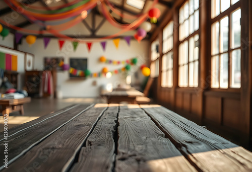Wallpaper Mural Rustic wooden table in foreground, blurred festive background, colorful paper lanterns hanging, sunlight streaming through window, cozy interior, warm atmospheric lighting, vintage classroom or commun Torontodigital.ca