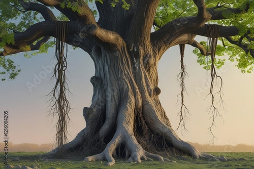 a tree with roots on one side tightly clinging to the ground and on the other side detached and floating, symbolizing different attachment styles photo