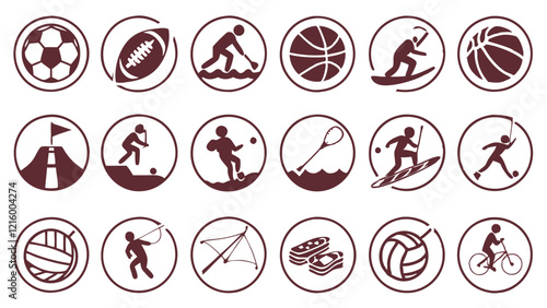 Flat Icons Silhouettes of Sports Activities like Hiking, Cycling, and Rock Climbing Designs