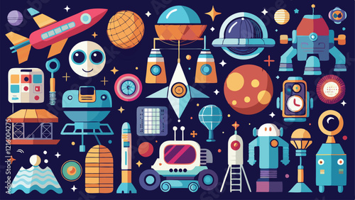 Flat Icons Silhouettes Representing Space Technology, Futuristic Exploration, and Solar Rovers