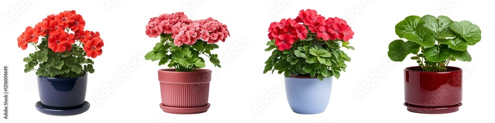 Flower pot isolated collection concept. Four vibrant potted flowering plants in various colors, showcasing lush green leaves and brightly colored blooms. Flower pot isolated collection concept. Four vibrant potted flowering plants in various colors, showcasing lush green leaves and brightly colored blooms.