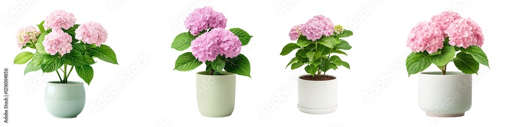 Flower pot isolated collection concept. Four vibrant pink hydrangea plants in modern pots, showcasing their lush blossoms and green leaves, perfect for home decor.