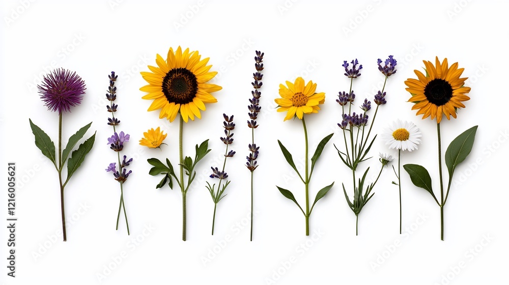 Naklejka premium Colorful wildflowers arranged on white background.
