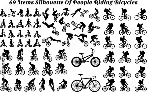 Set of 69 items silhouette of people riding bicycles