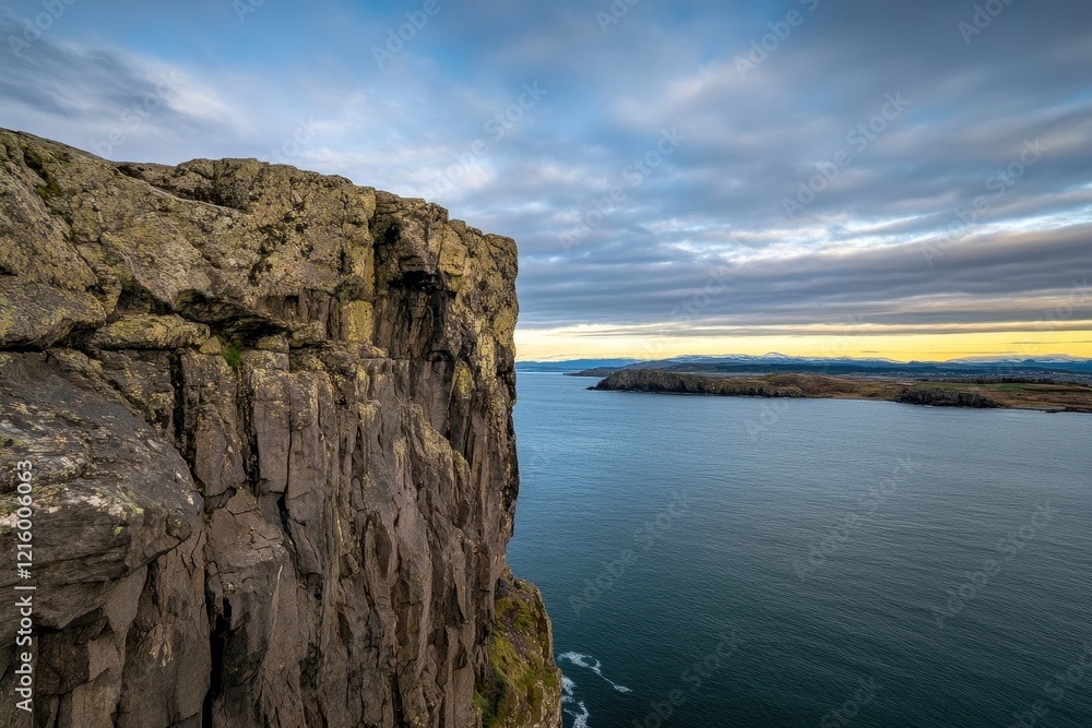 Dramatic Landscape of Coastal Cliff Overlooking Tranquil Waters at Sunset with Breathtaking Skies and Rugged Natural Texture in Serene Environment Dramatic Landscape of Coastal Cliff Overlooking Tranquil Waters at Sunset with Breathtaking Skies and Rugged Natural Texture in Serene Environment