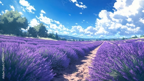 A lavender farm with rows of vibrant purple flowers stretching into the horizon