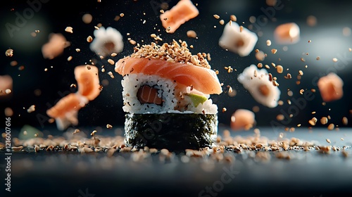 Delicious salmon sushi rolls, sesame seeds falling, dark background, food photography
