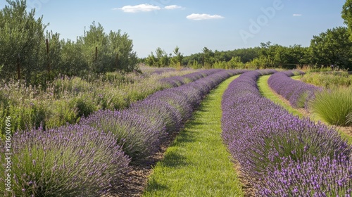 A lavender farm with rows of vibrant purple flowers stretching into the horizon