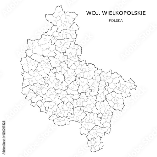 Administrative Vector Map of the Greater Poland Voivodeship (Wielkopolskie) with Municipality Areas (Obszary Gmin), Municipalities (Gminy), and Counties (Powiaty) Subdivisions - Poland (Polska) 2025  photo