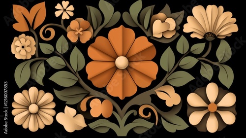 Vintage Floral Design, Orange and Beige Blooms on Black