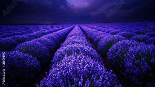 A lavender farm with rows of vibrant purple flowers stretching into the horizon
