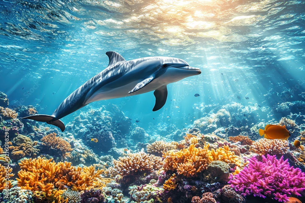 Fototapeta premium Dolphin Swimming Gracefully Above Vibrant Coral Reef in Tropical Ocean Sunlight