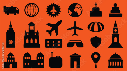 Flat Icons Silhouettes of Travel, Landmarks, Passports, Monuments, and Maps