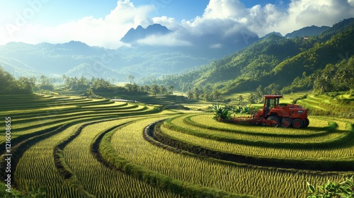 A modern rice paddy with advanced machinery planting and harvesting