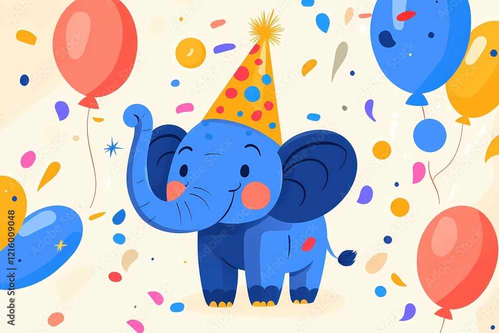 Blue elephant with party hat and balloons on a light background with falling confetti Blue elephant with party hat and balloons on a light background with falling confetti