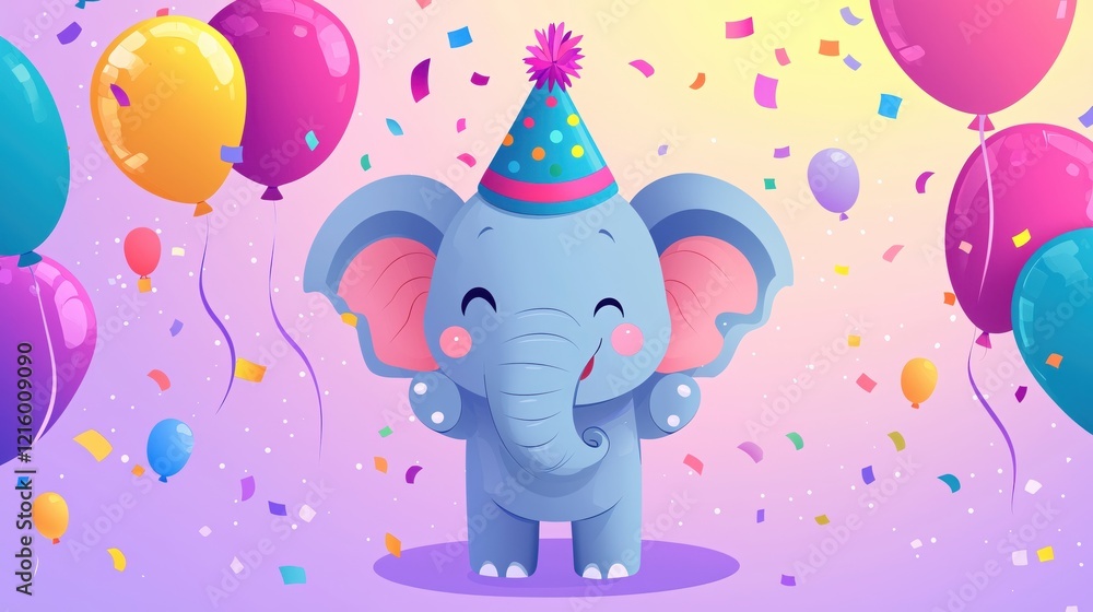 Naklejka premium Festive Elephant Celebration with Colorful Balloons and Confetti on a Gradient Background