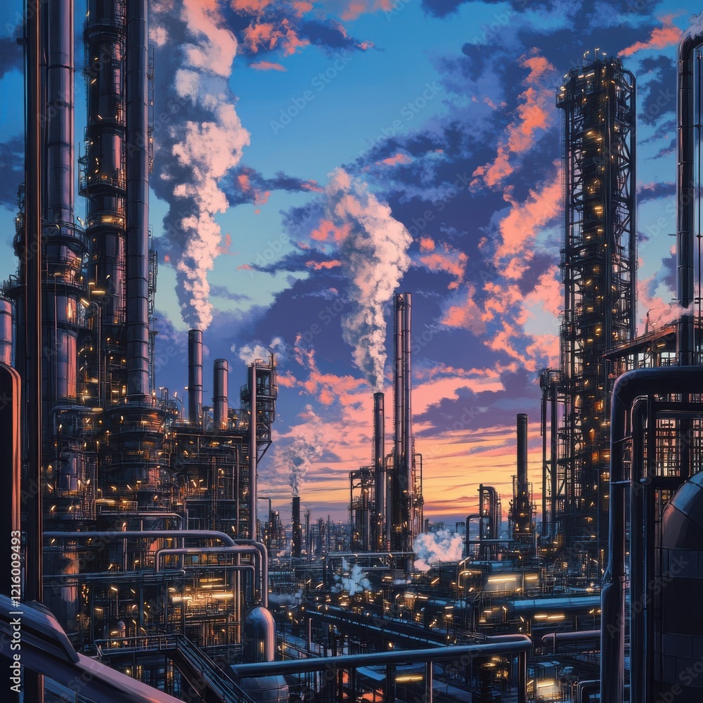 Fototapeta premium Sunset over Industrial Complex: A Breathtaking Panorama of a Refinery at Dusk