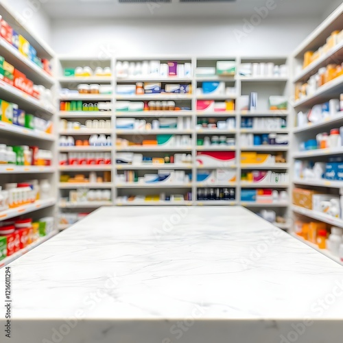 Wallpaper Mural Empty marble table pharmacy blurred background Empty pharmacy counter with colorful medication shelves Pharmacy dispensing counter, stocked pharmacy shelves, medication dispensing area,shelf,book, bac Torontodigital.ca